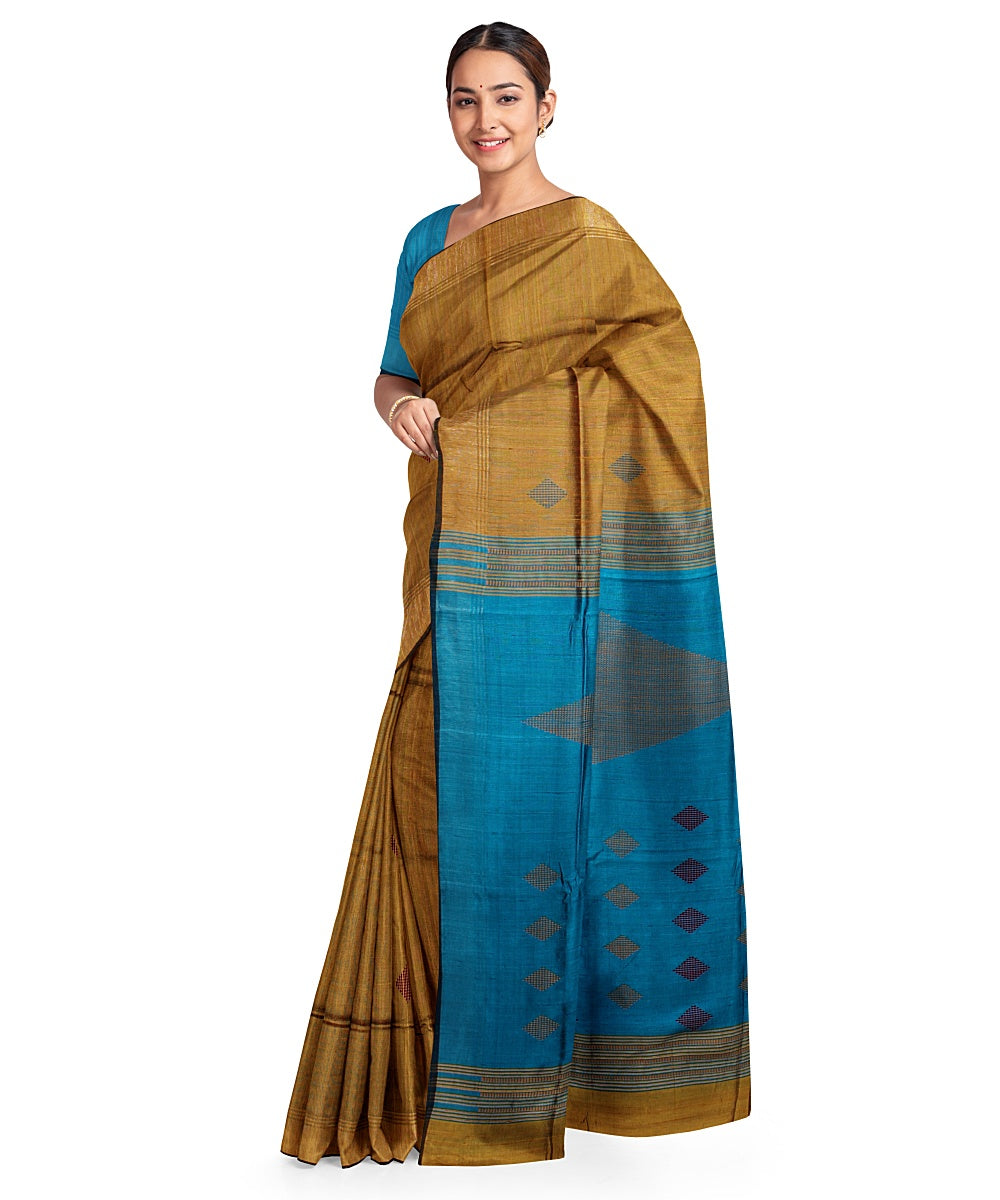 Olive green cyan blue handwoven raw silk bhagalpur saree