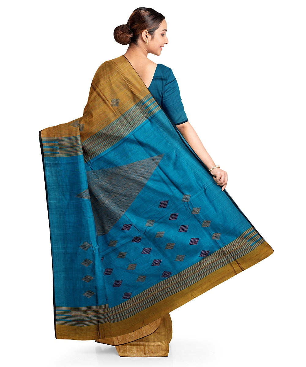 Olive green cyan blue handwoven raw silk bhagalpur saree