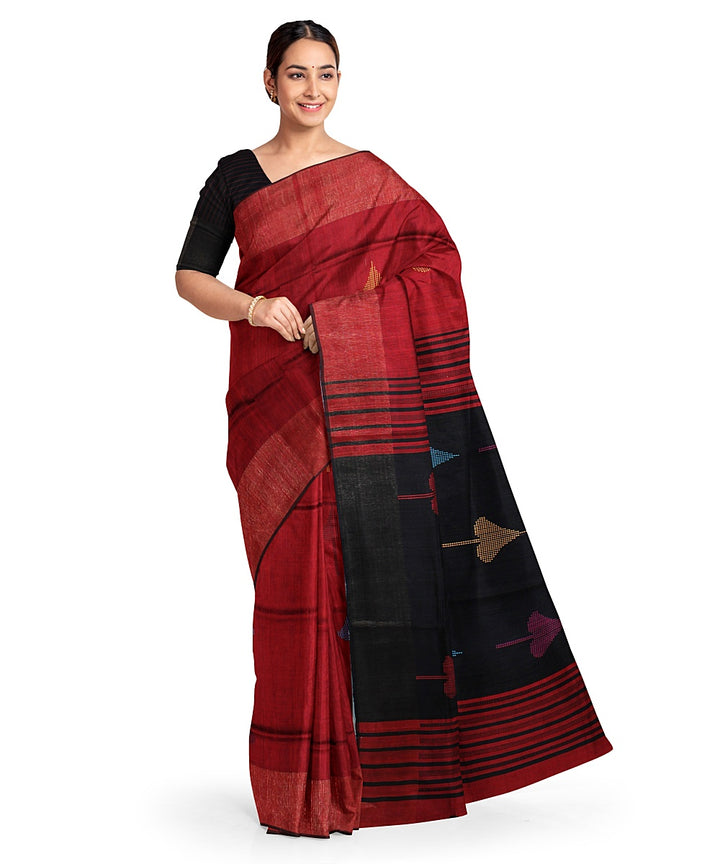 Maroon black raw silk handwoven bhagalpur saree