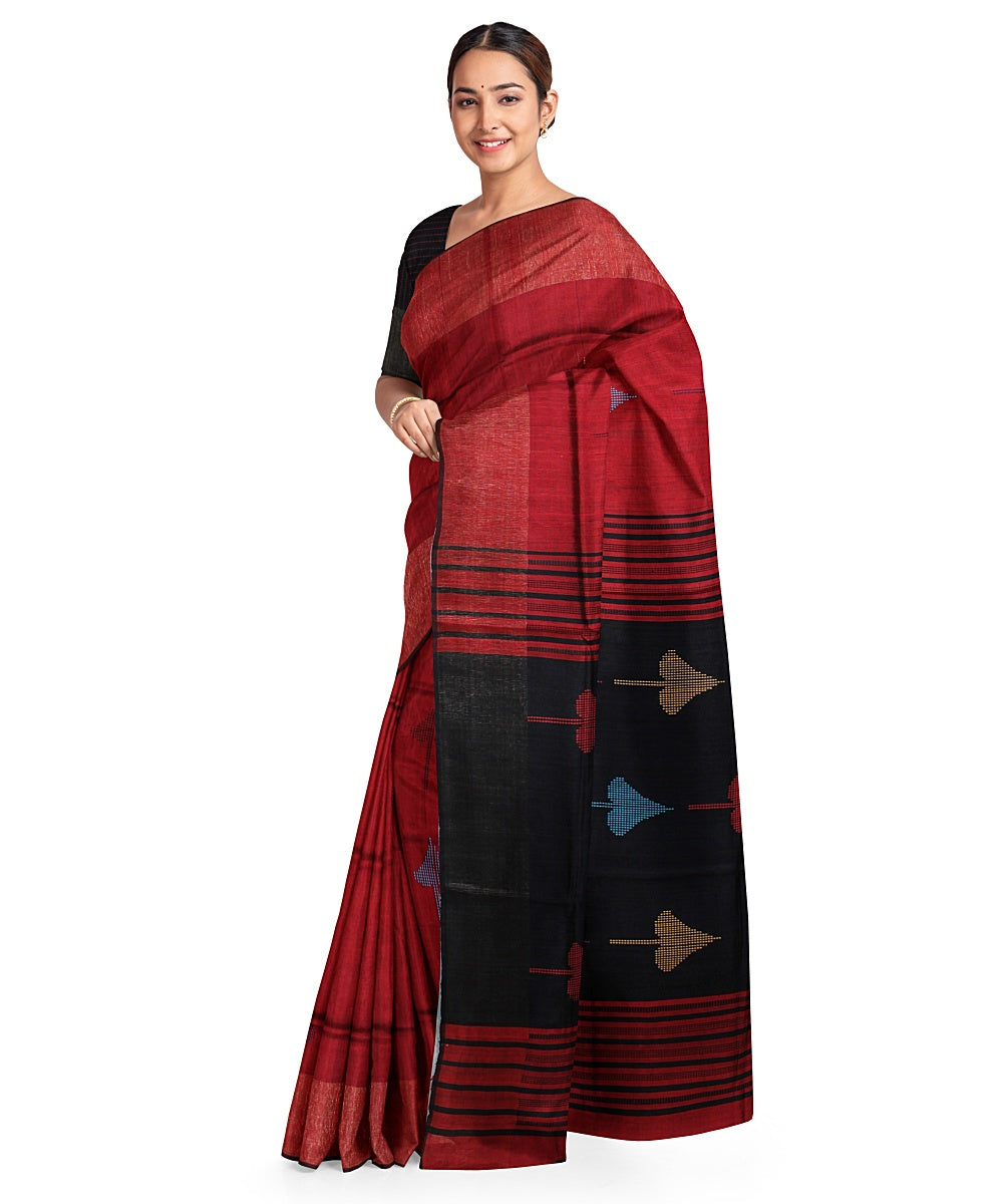 Maroon black raw silk handwoven bhagalpur saree