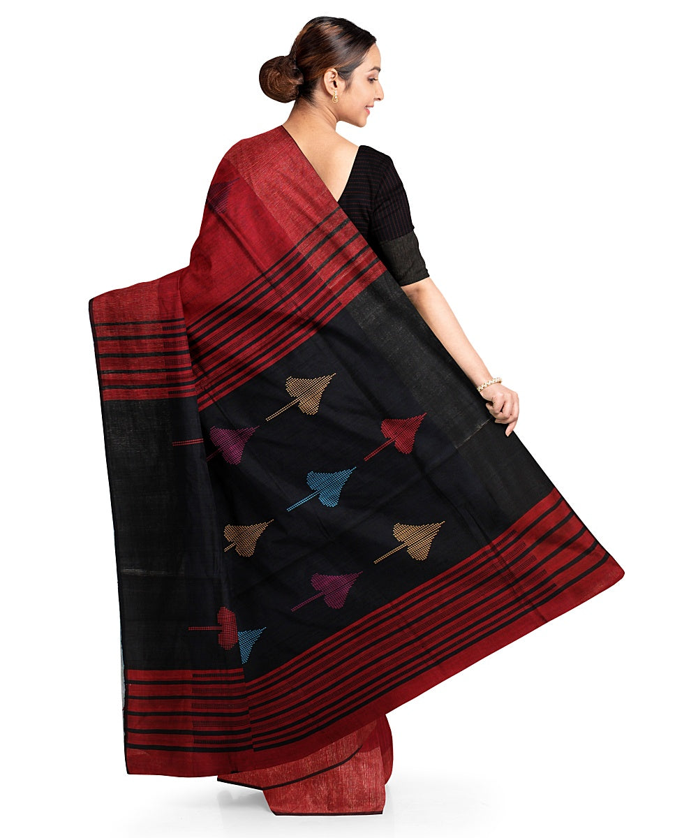 Maroon black raw silk handwoven bhagalpur saree