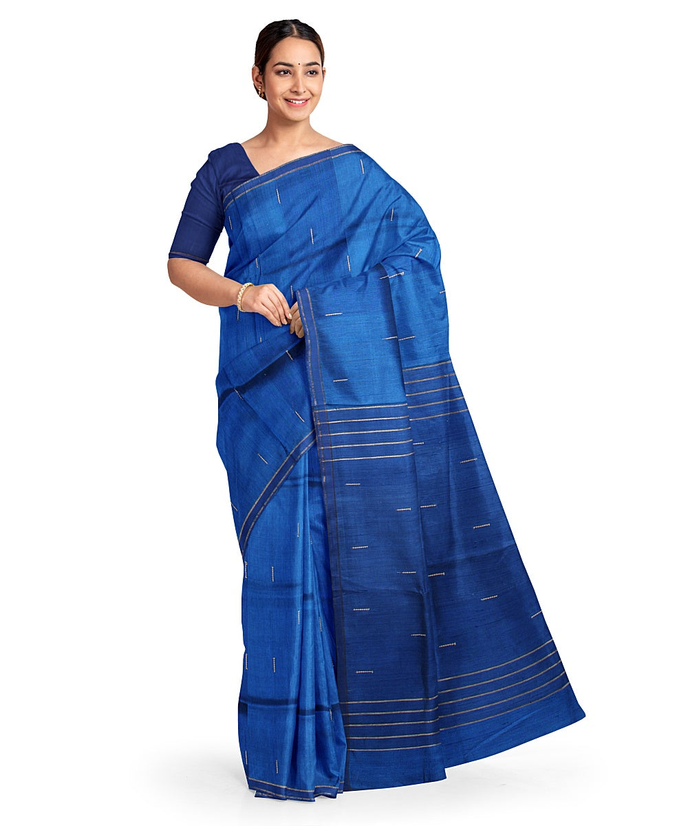 Cyan blue navy blue handwoven raw silk bhagalpur saree