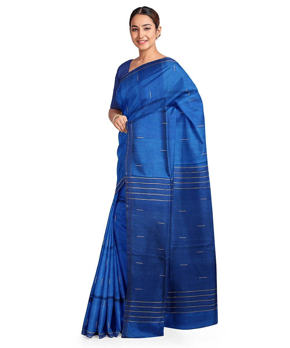 Cyan blue navy blue handwoven raw silk bhagalpur saree