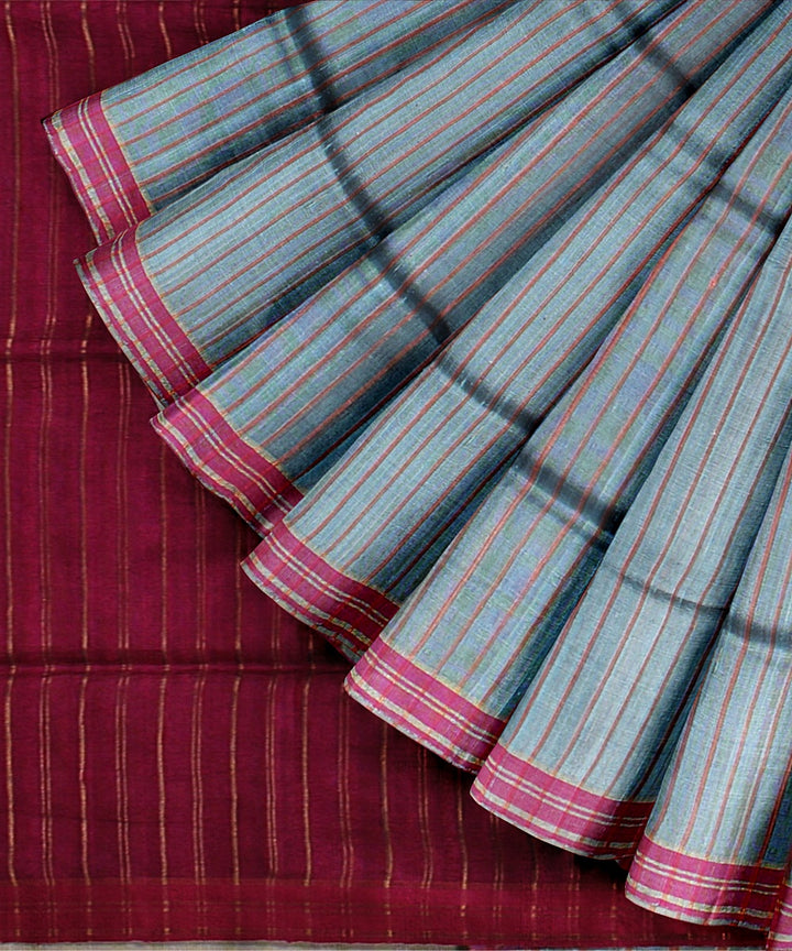 Grey maroon handwoven raw silk bhagalpur saree