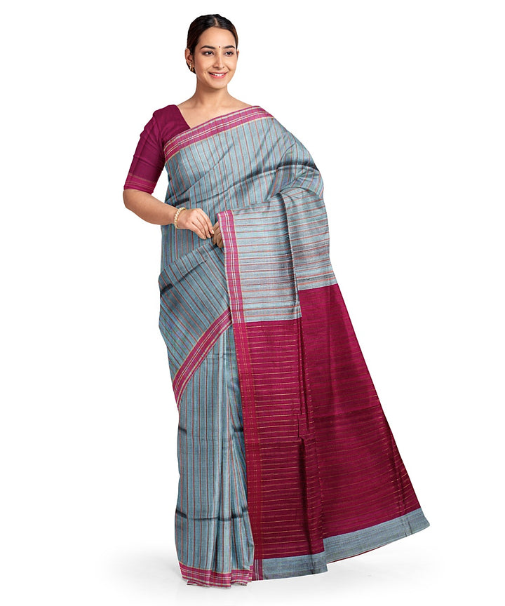 Grey maroon handwoven raw silk bhagalpur saree