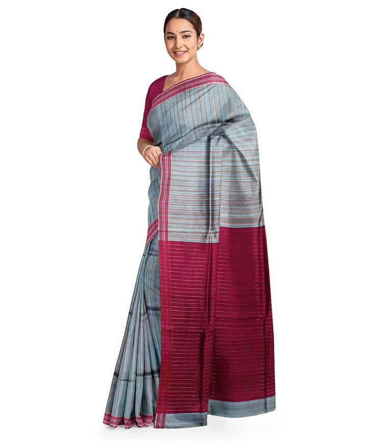 Grey maroon handwoven raw silk bhagalpur saree