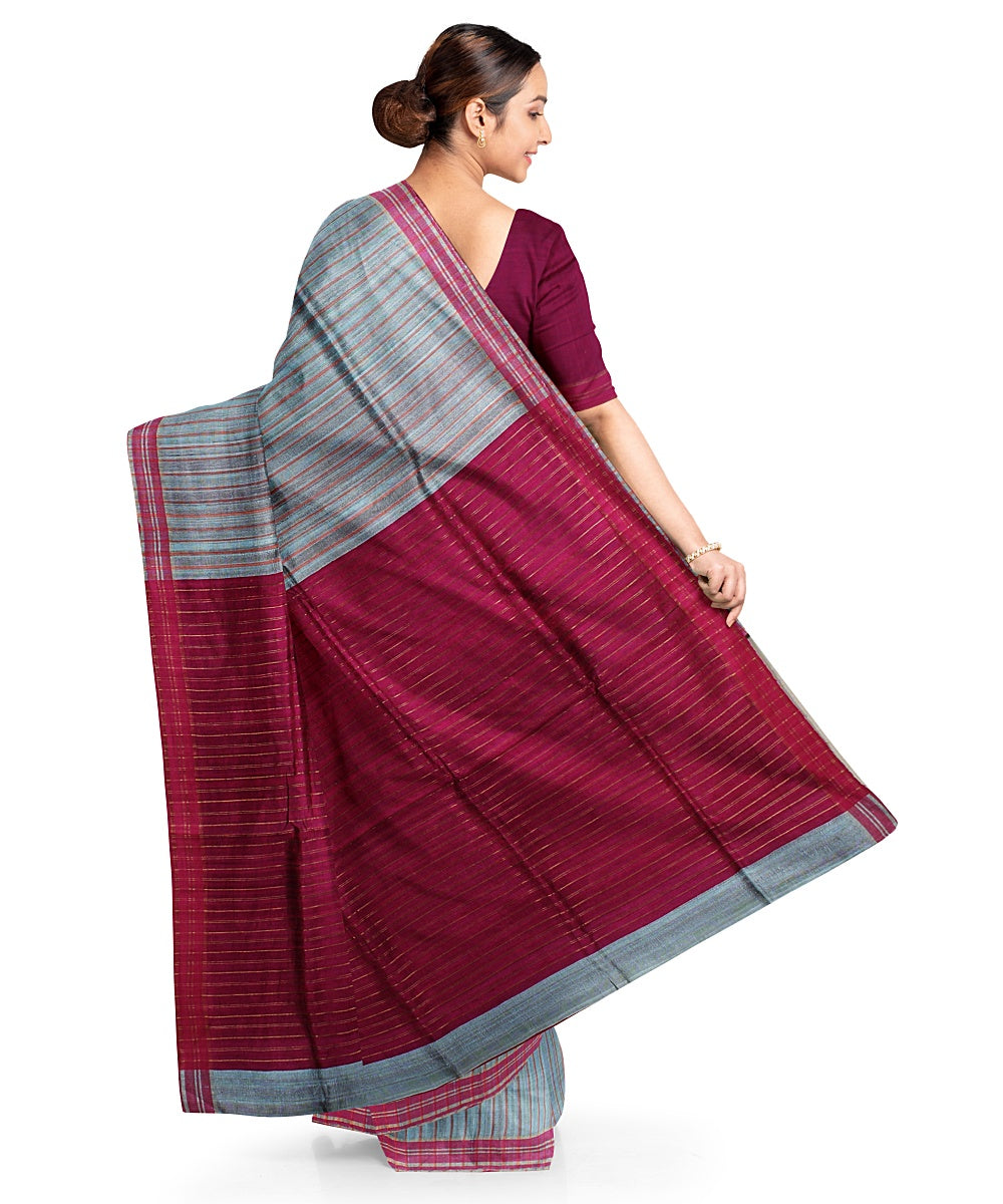 Grey maroon handwoven raw silk bhagalpur saree