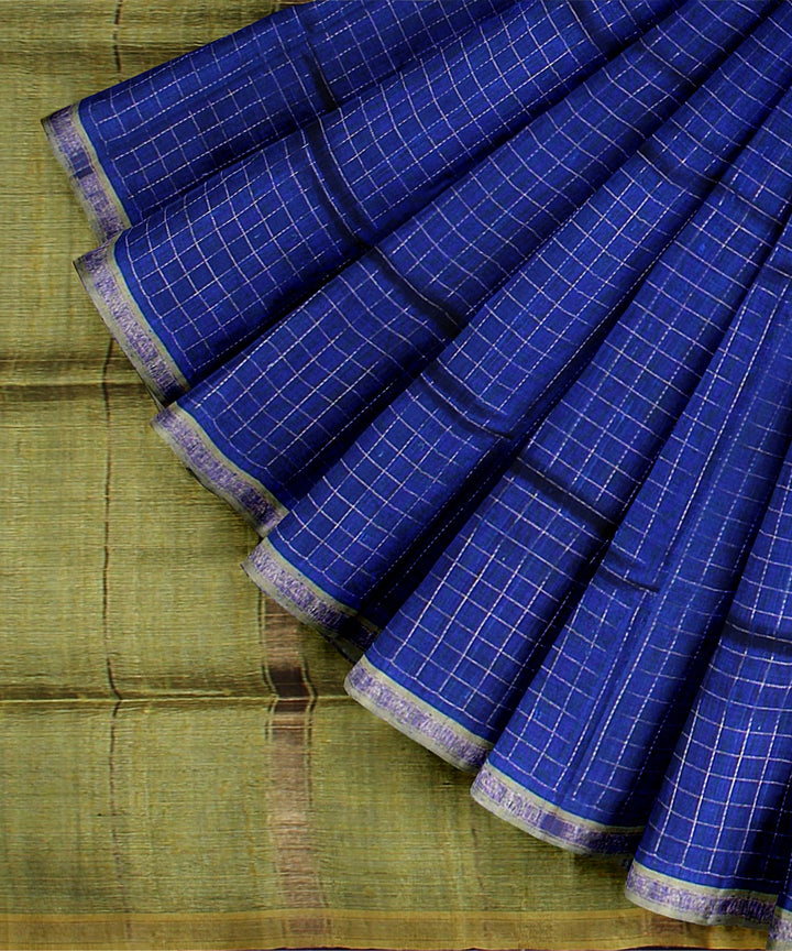 Navy blue olive green handwoven raw silk bhagalpur saree