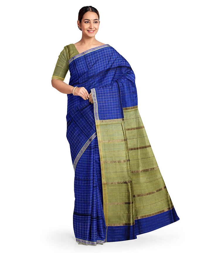 Navy blue olive green handwoven raw silk bhagalpur saree