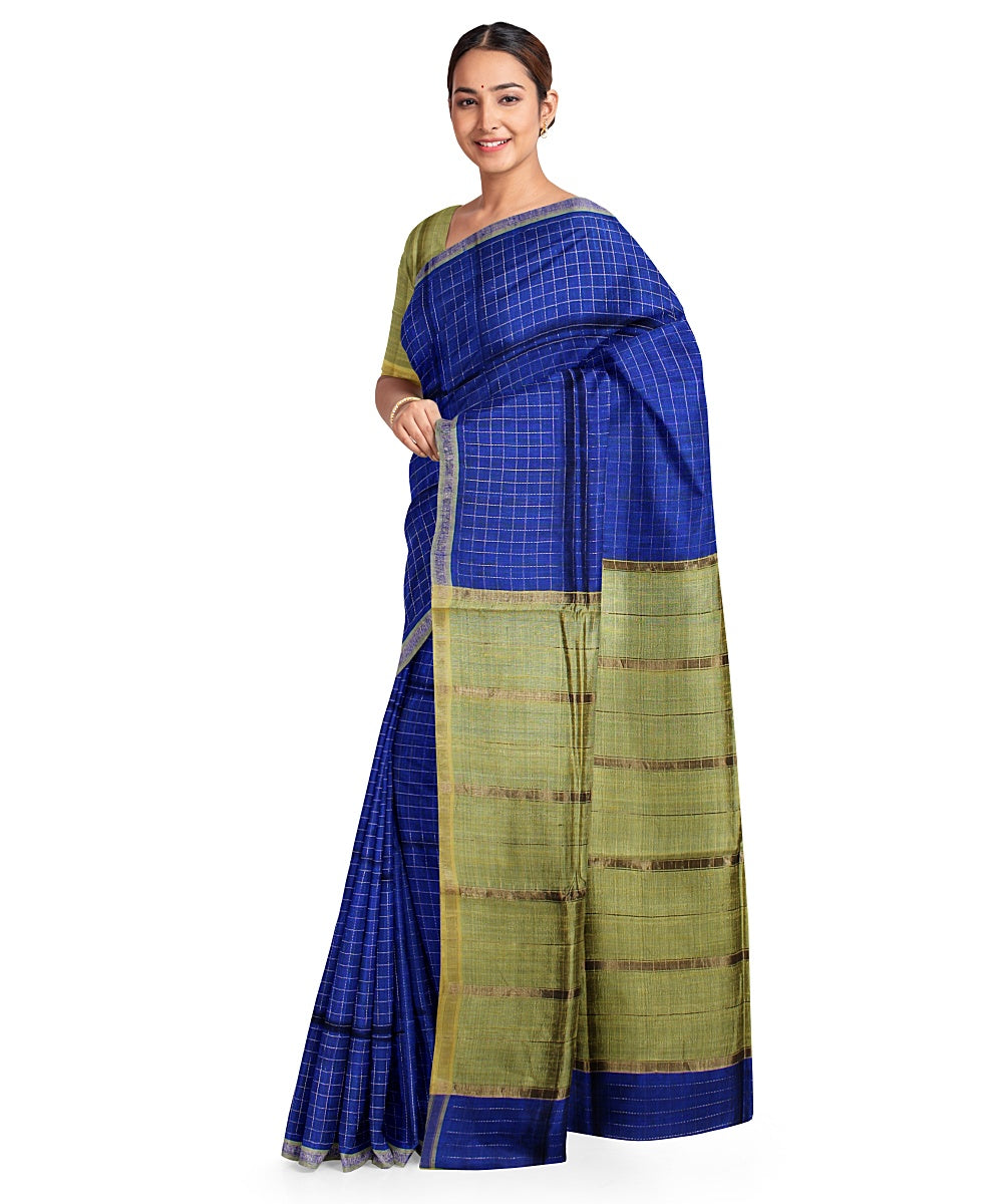 Navy blue olive green handwoven raw silk bhagalpur saree