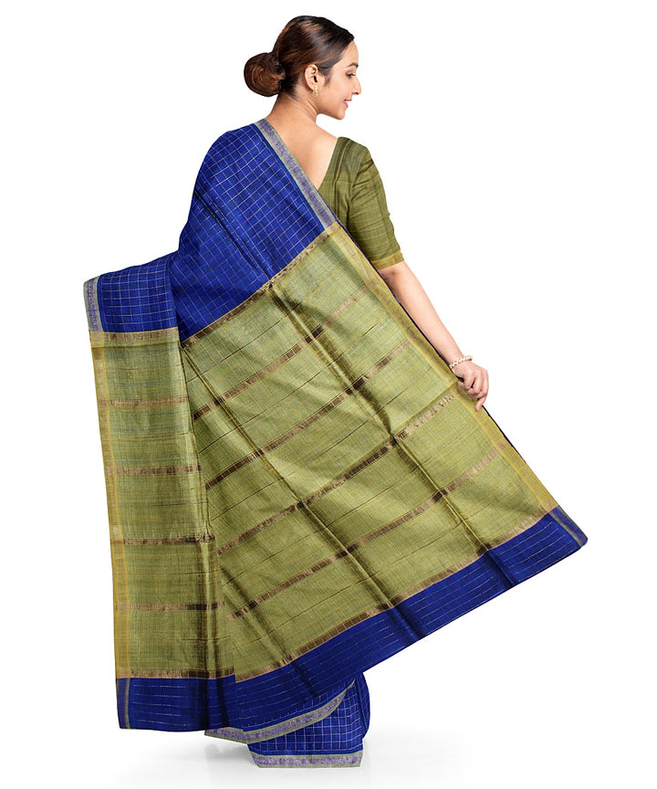 Navy blue olive green handwoven raw silk bhagalpur saree