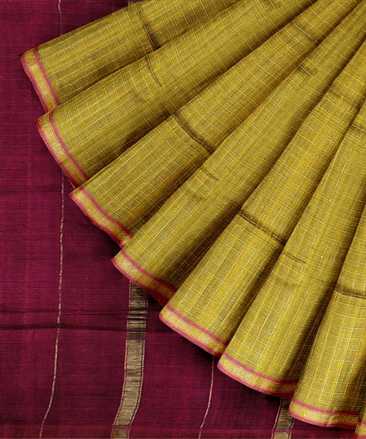 Lime green purple handwoven raw silk bhagalpur saree