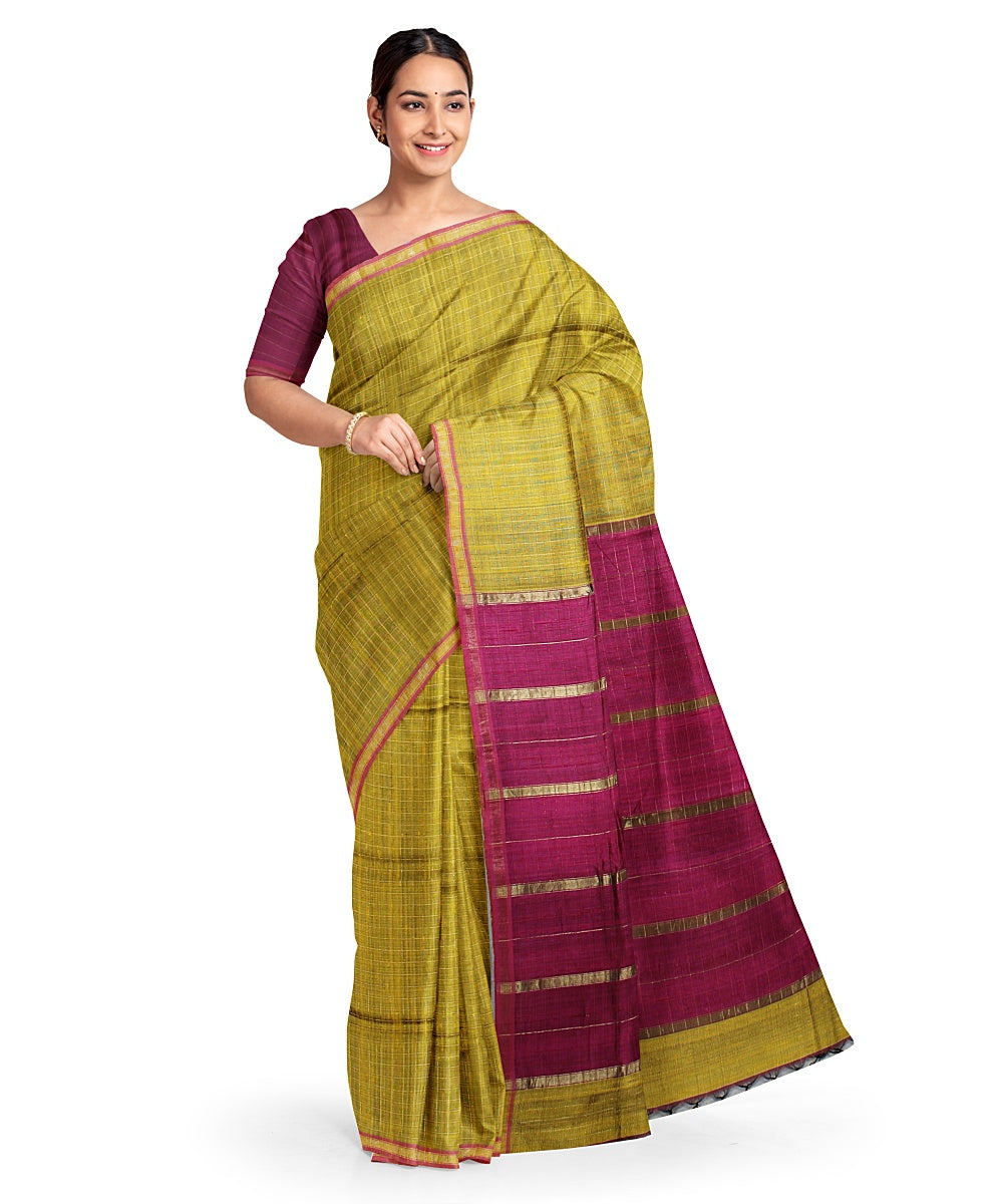 Lime green purple handwoven raw silk bhagalpur saree