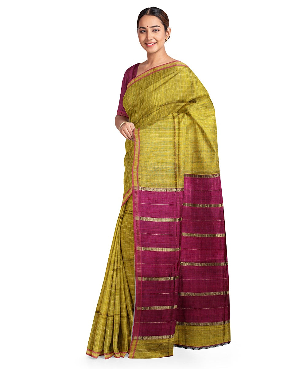 Lime green purple handwoven raw silk bhagalpur saree