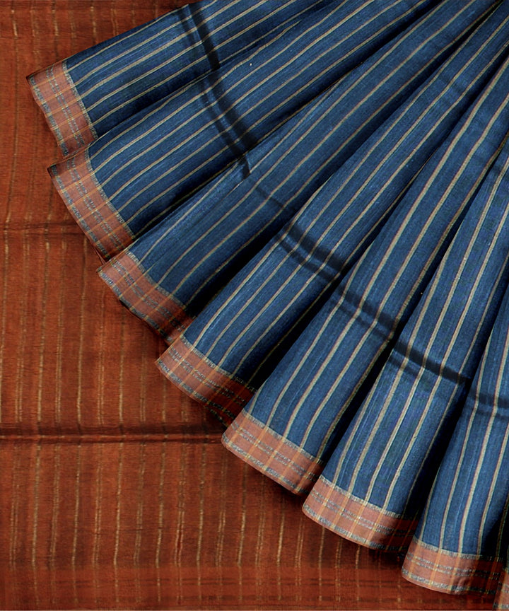 Navy blue stripes handwoven raw silk bhagalpur saree