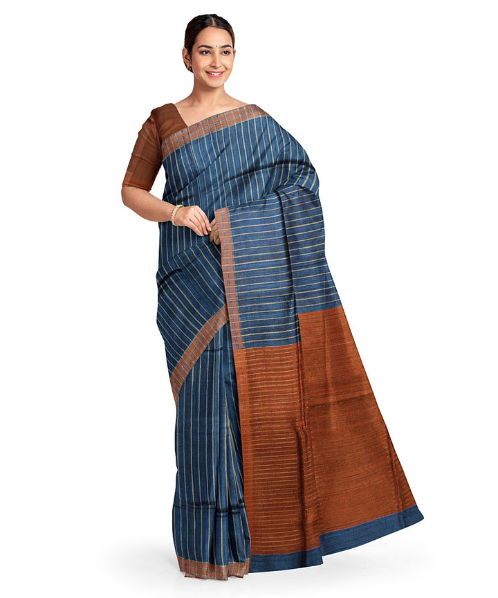 Navy blue stripes handwoven raw silk bhagalpur saree