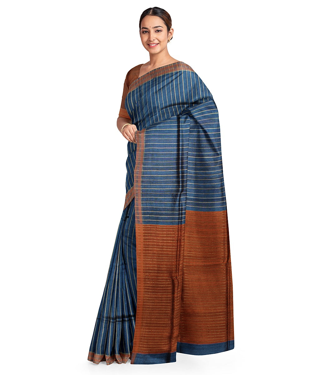 Navy blue stripes handwoven raw silk bhagalpur saree