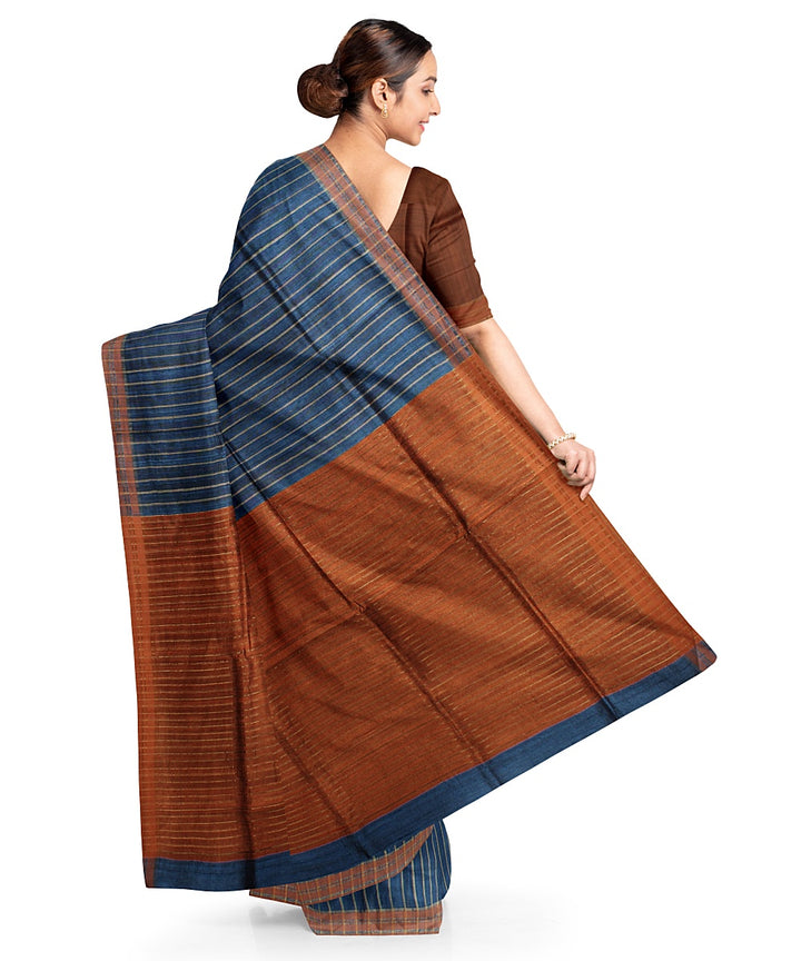 Navy blue stripes handwoven raw silk bhagalpur saree