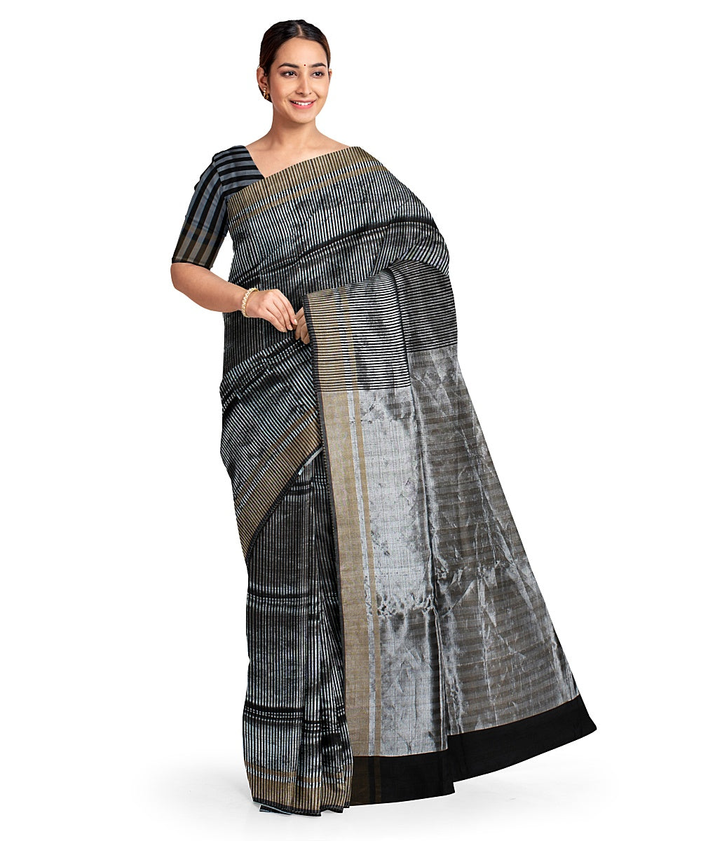 Grey black handwoven raw silk bhagalpur saree