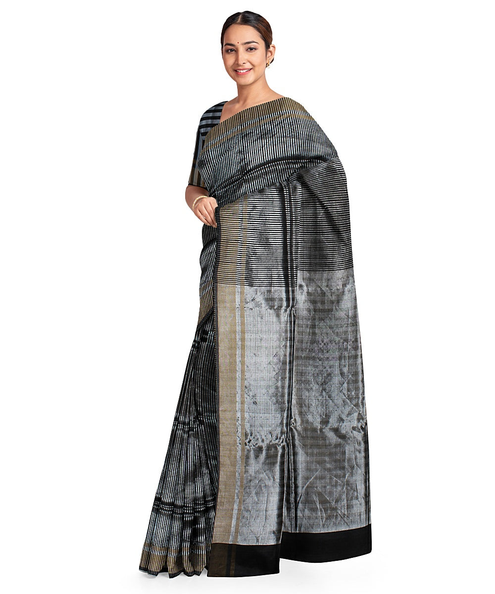 Grey black handwoven raw silk bhagalpur saree