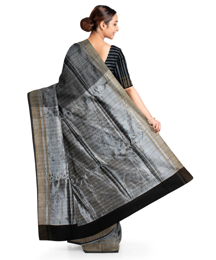 Grey black handwoven raw silk bhagalpur saree