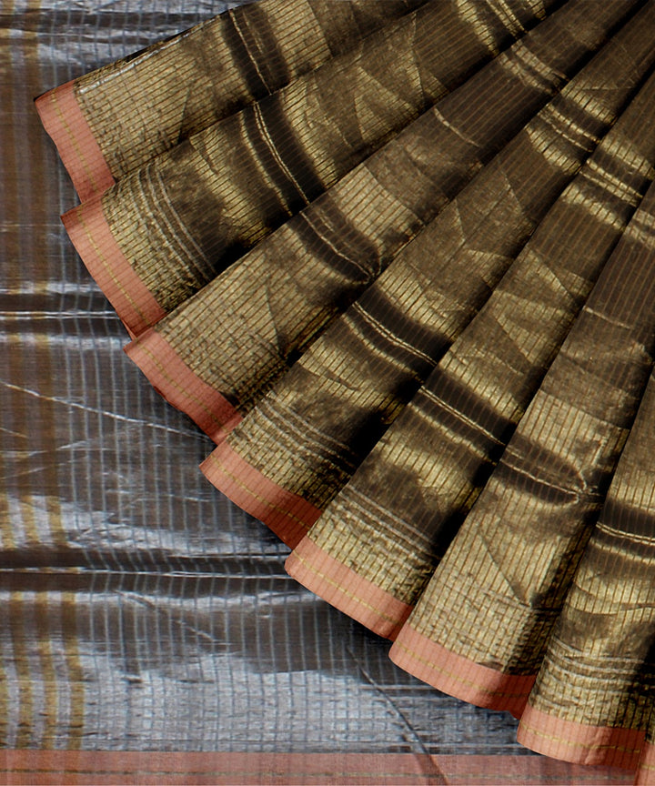 Olive green grey handwoven raw silk bhagalpur saree