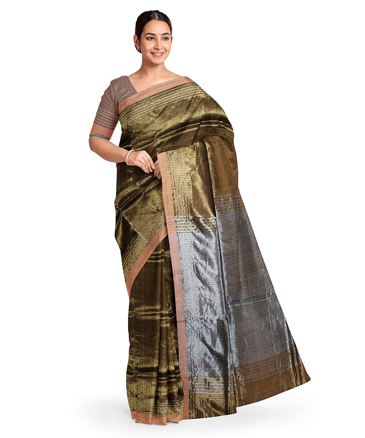 Olive green grey handwoven raw silk bhagalpur saree