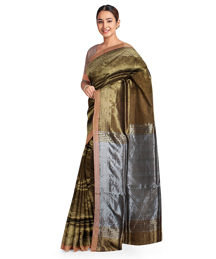 Olive green grey handwoven raw silk bhagalpur saree