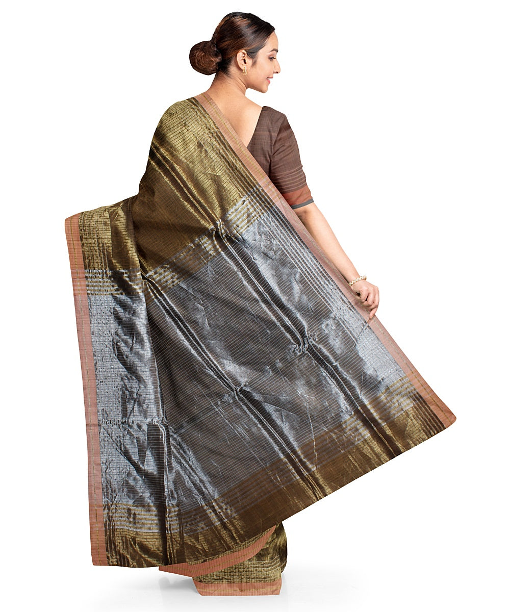 Olive green grey handwoven raw silk bhagalpur saree