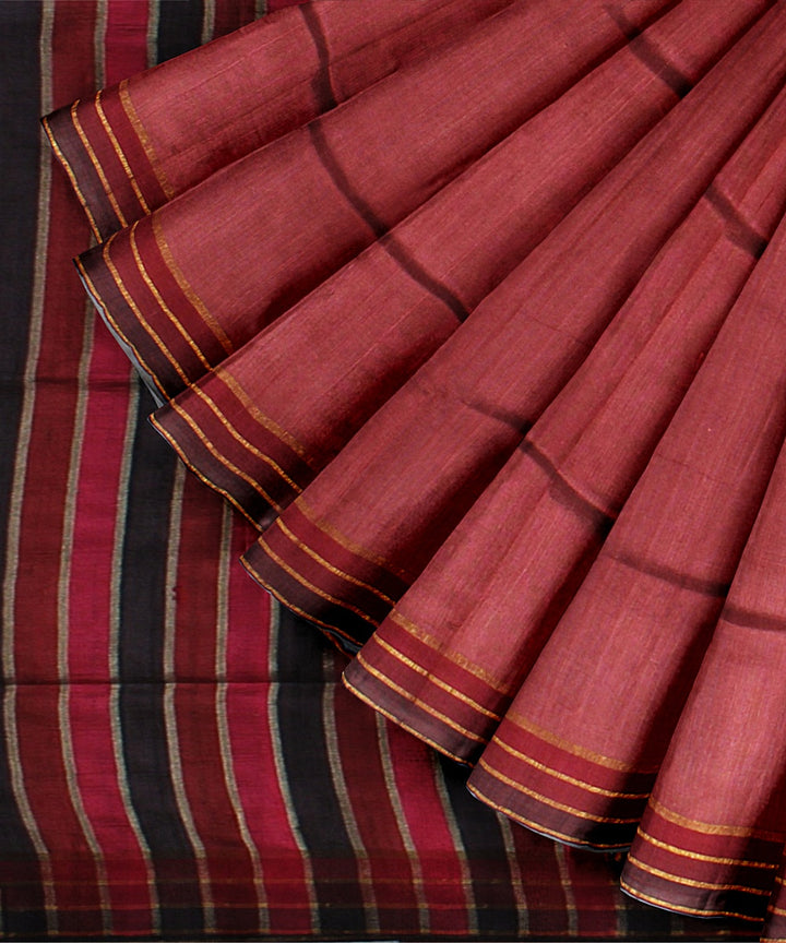 Maroon stripes handwoven raw silk bhagalpur saree