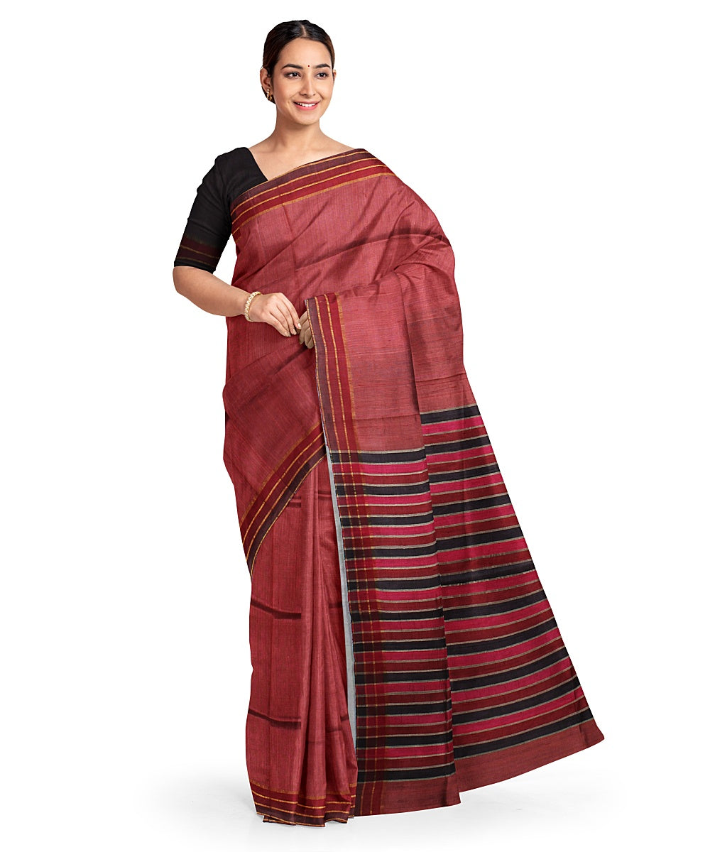 Maroon stripes handwoven raw silk bhagalpur saree