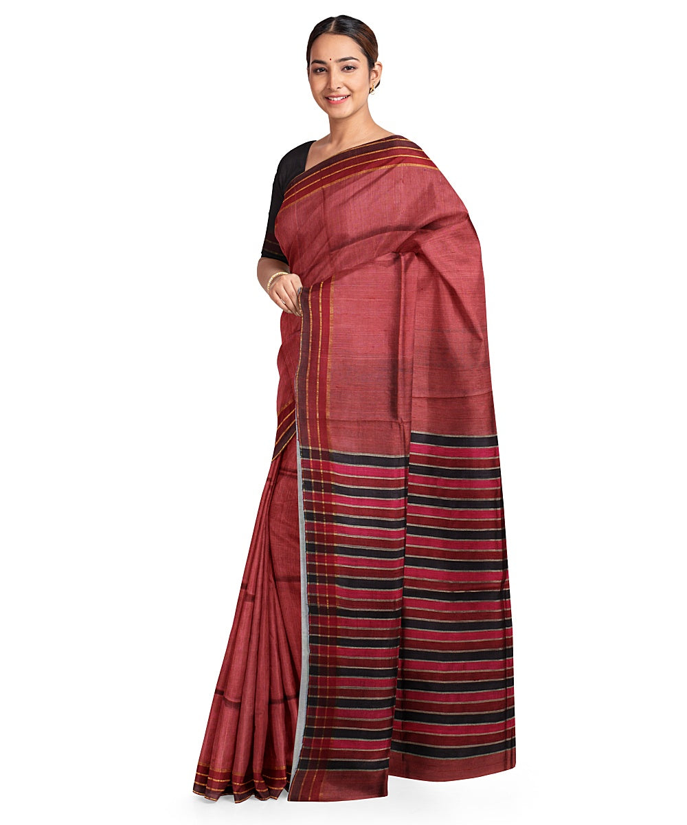 Maroon stripes handwoven raw silk bhagalpur saree