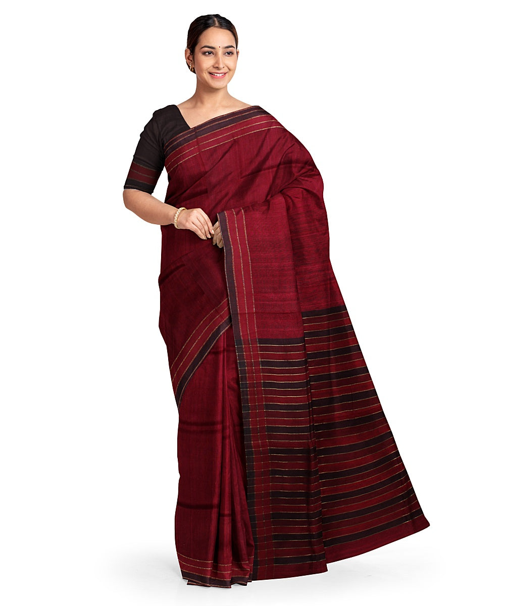 Maroon red handwoven raw silk bhagalpur saree