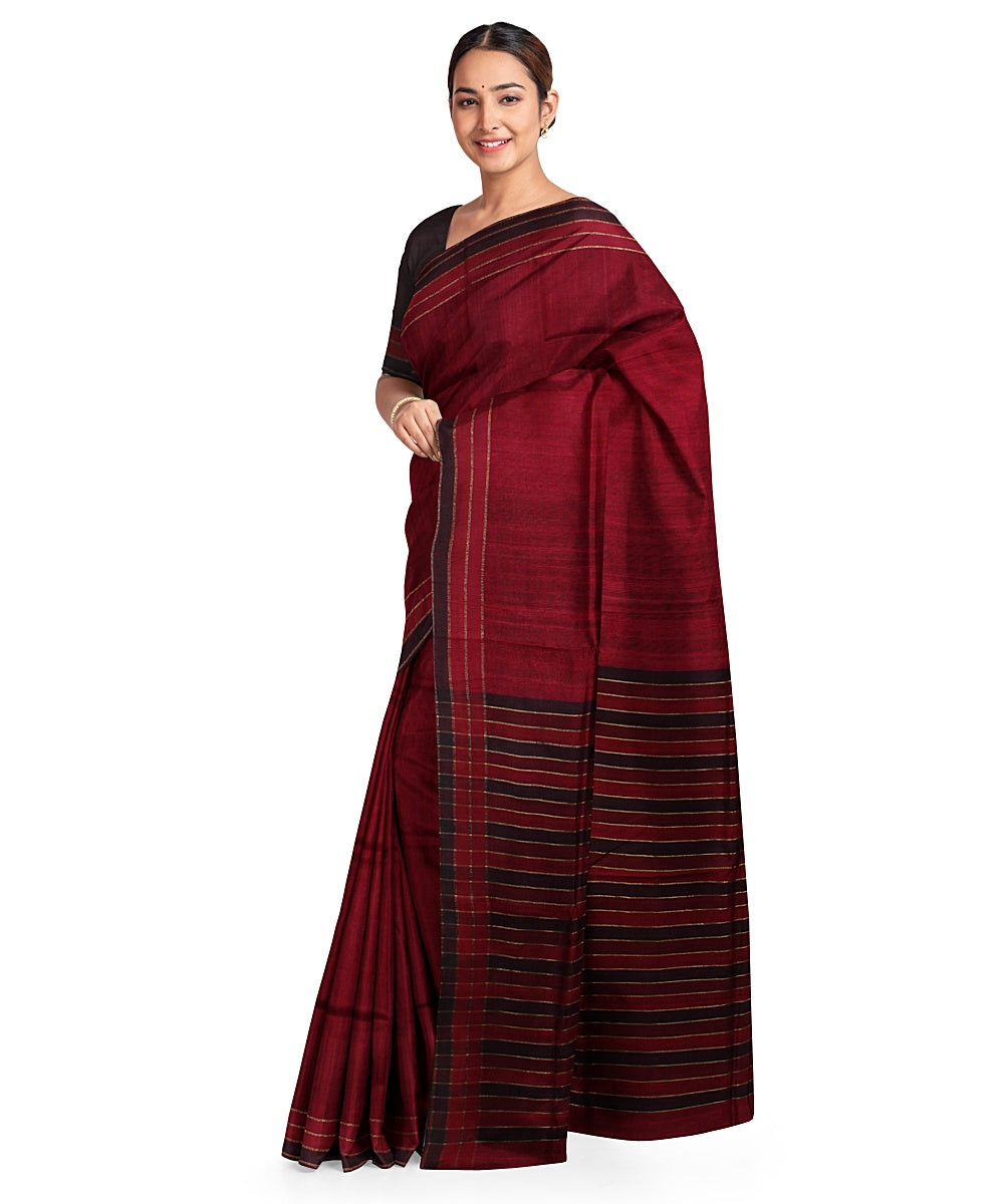 Maroon red handwoven raw silk bhagalpur saree