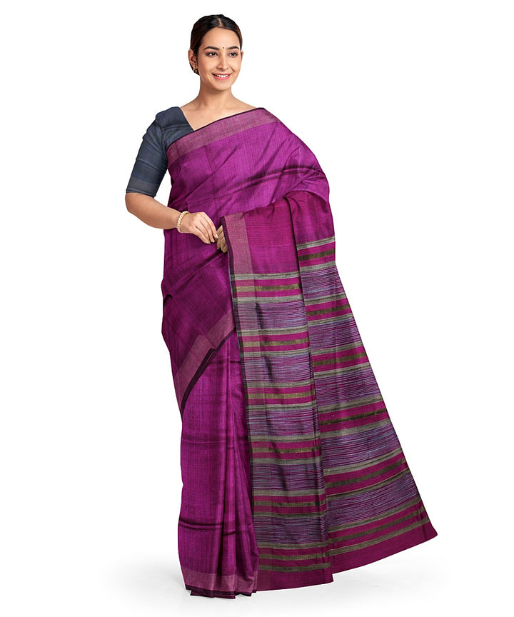 Purple stripes handwoven raw silk bhagalpur saree