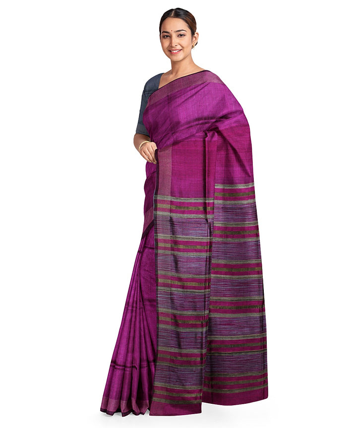 Purple stripes handwoven raw silk bhagalpur saree