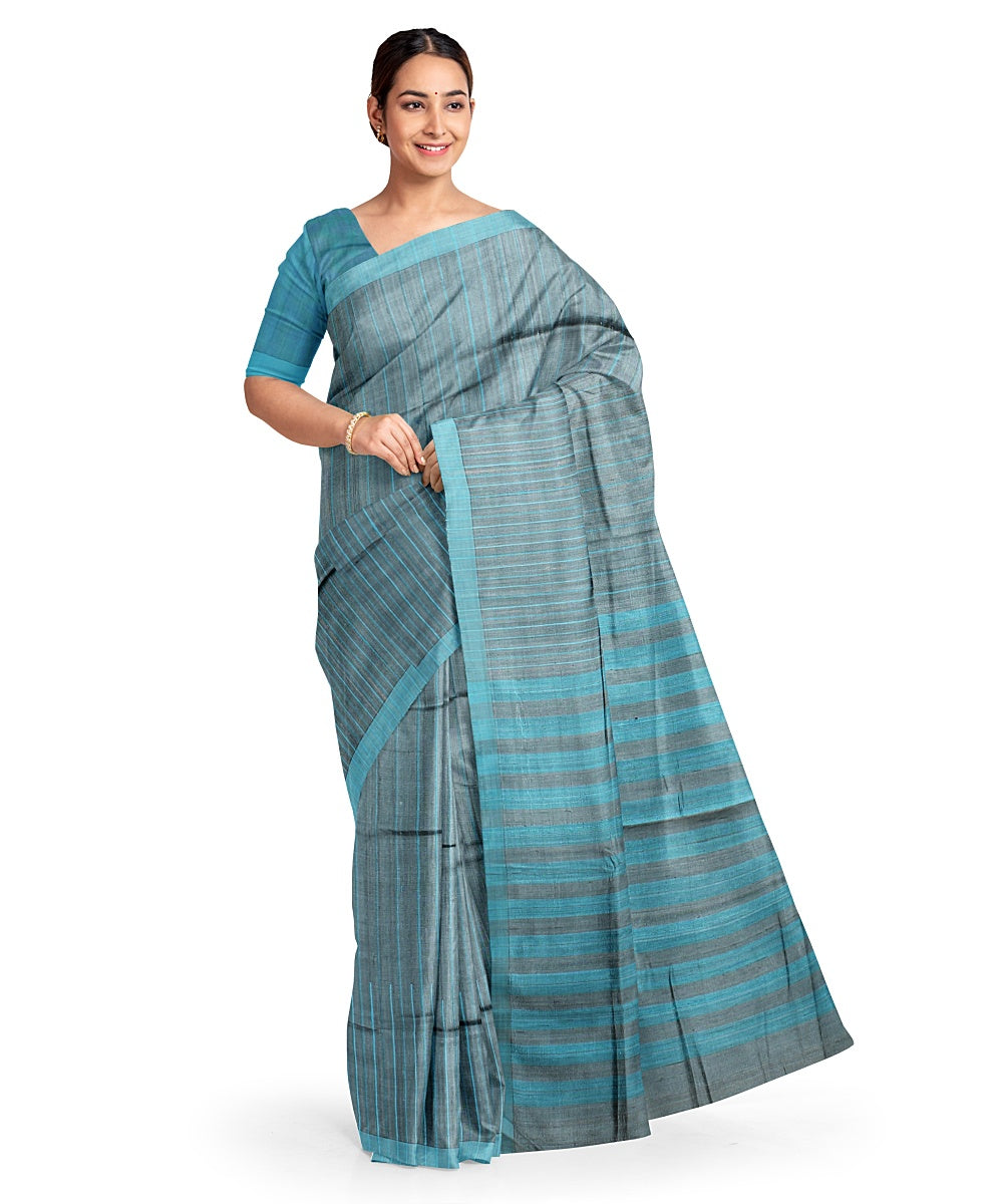 Sky blue cyan blue handwoven raw silk bhagalpur saree