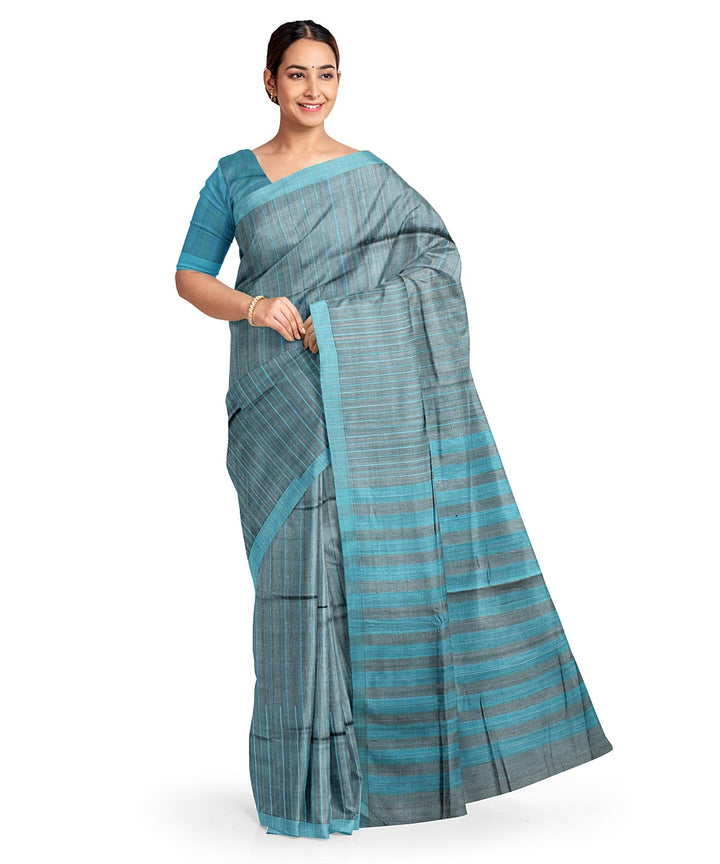 Sky blue cyan blue handwoven raw silk bhagalpur saree