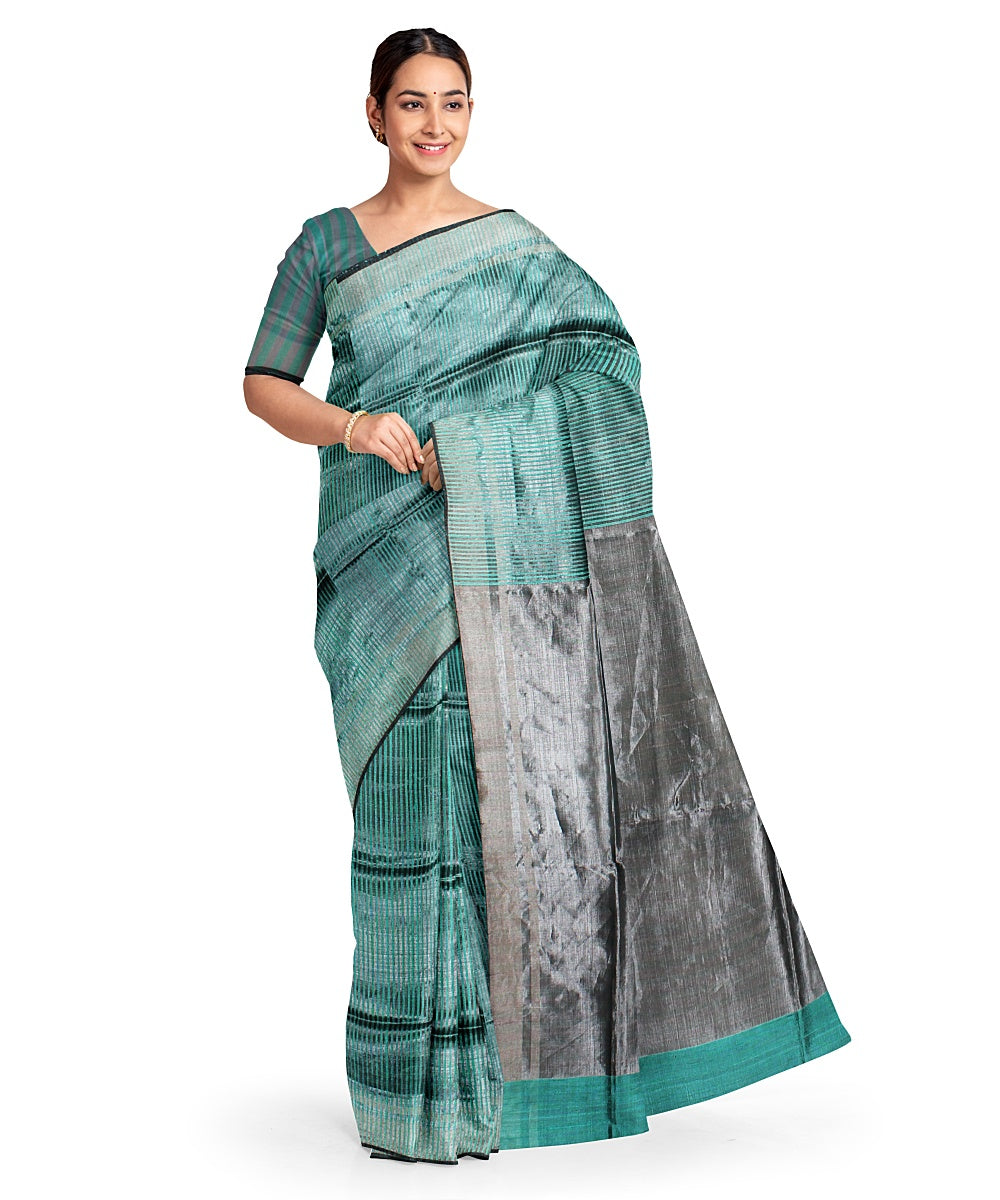 Cyan green grey handwoven raw silk bhagalpur saree