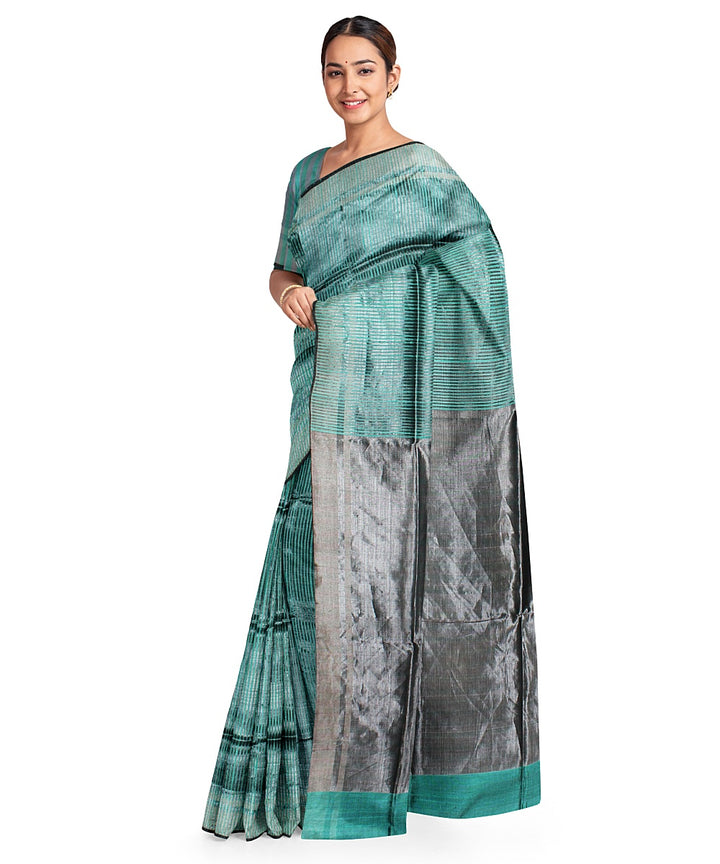 Cyan green grey handwoven raw silk bhagalpur saree