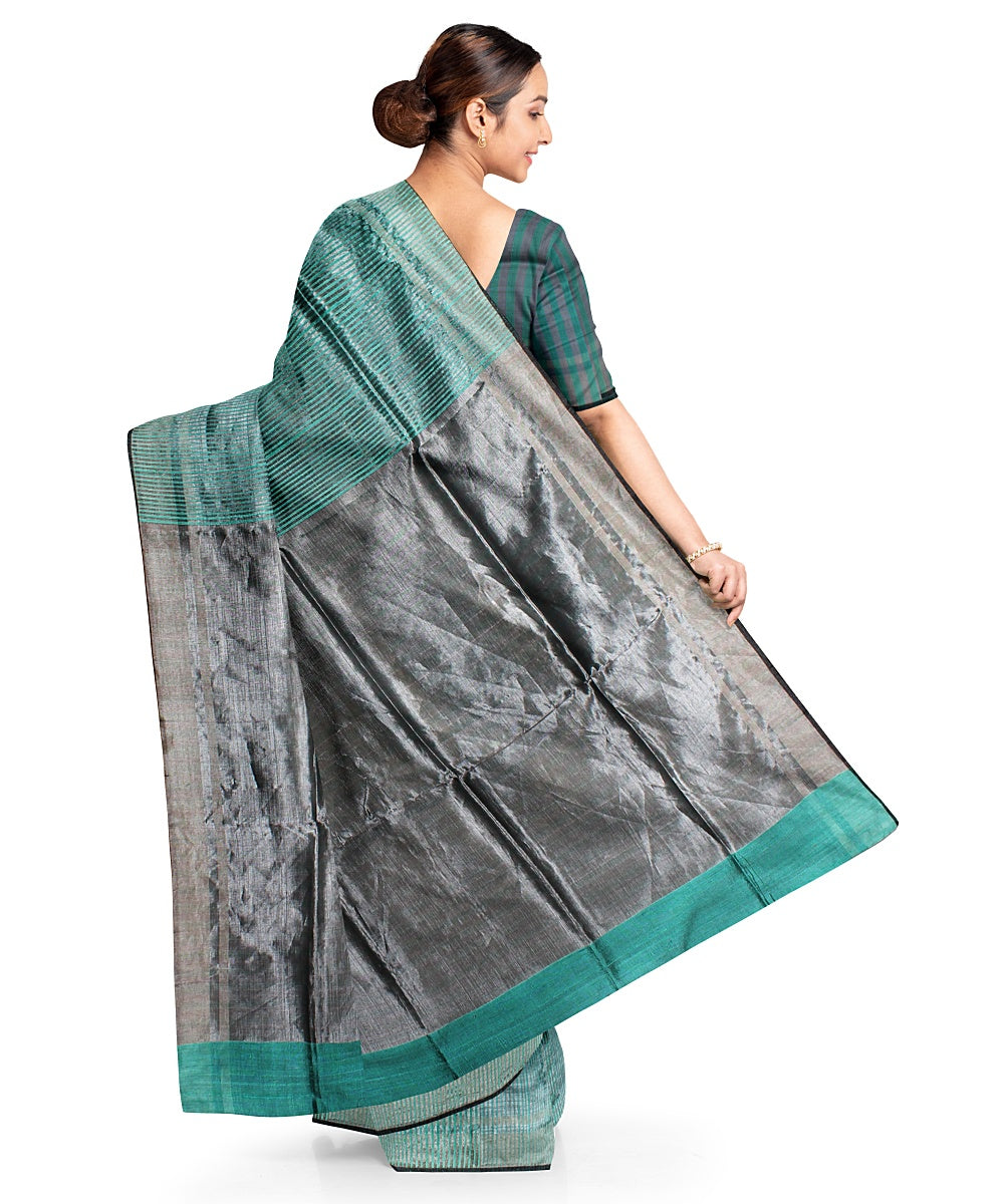 Cyan green grey handwoven raw silk bhagalpur saree