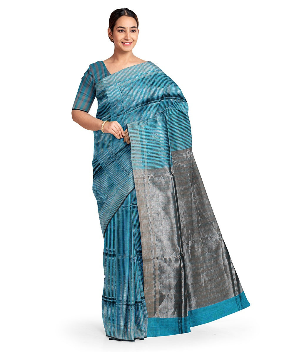 Cyan blue grey handwoven raw silk bhagalpur saree