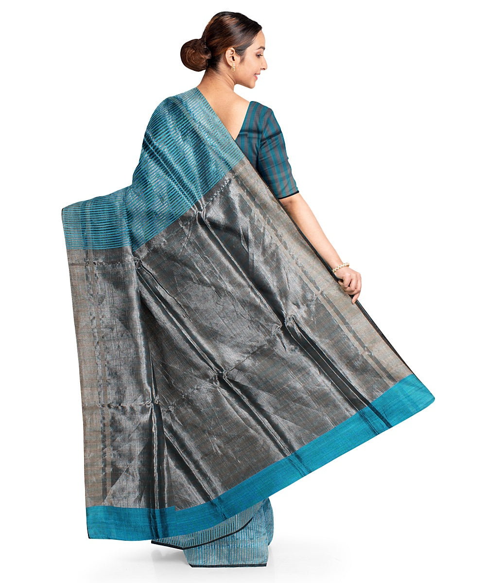 Cyan blue grey handwoven raw silk bhagalpur saree