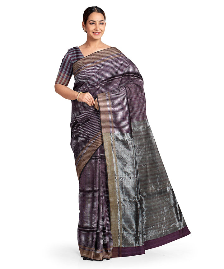 Purple grey handwoven raw silk bhagalpur saree