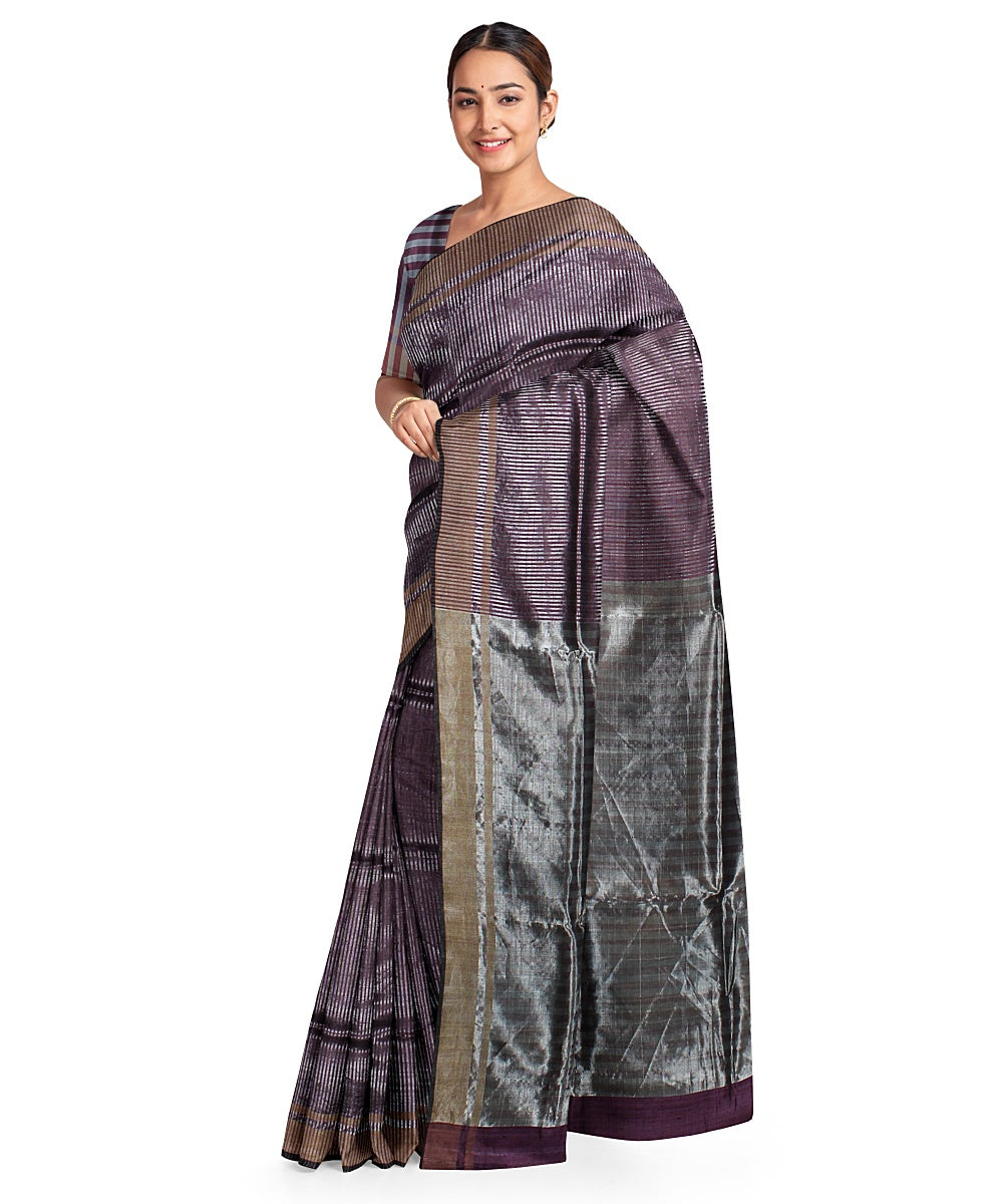 Purple grey handwoven raw silk bhagalpur saree