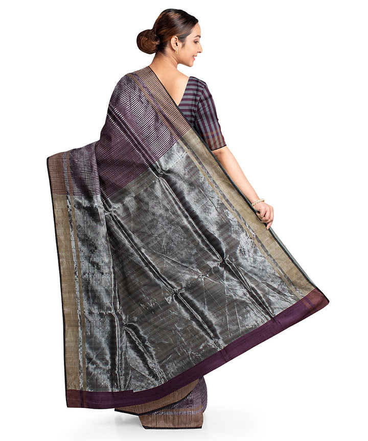 Purple grey handwoven raw silk bhagalpur saree