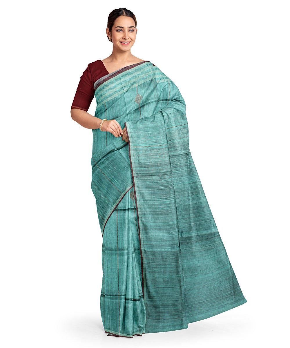 Cyan blue handwoven raw silk bhagalpur saree
