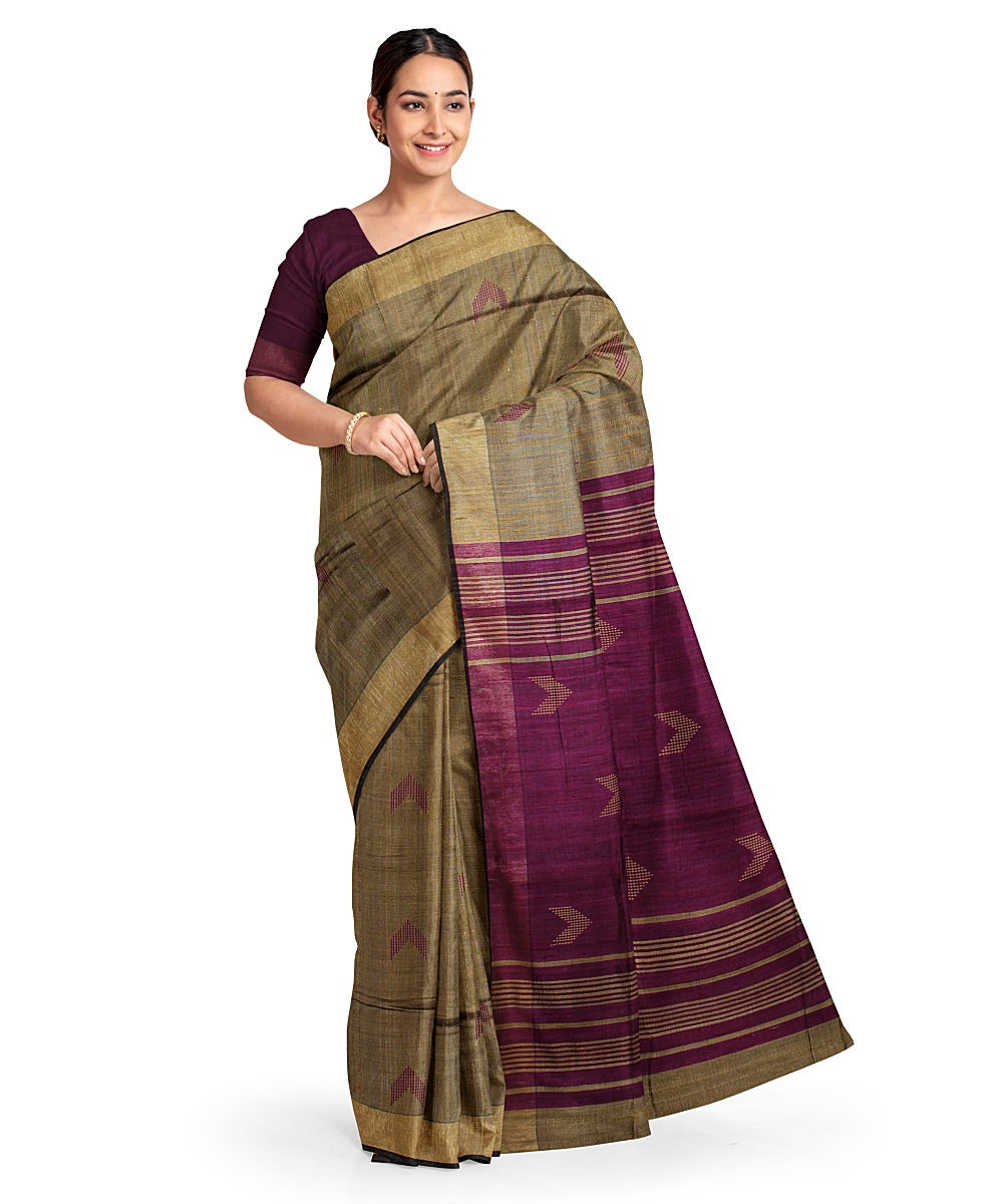 Olive green purple handwoven raw silk bhagalpur saree