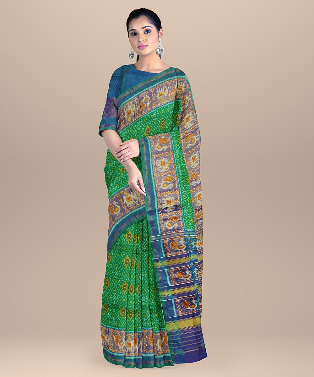 Cyan green silk handwoven patola saree