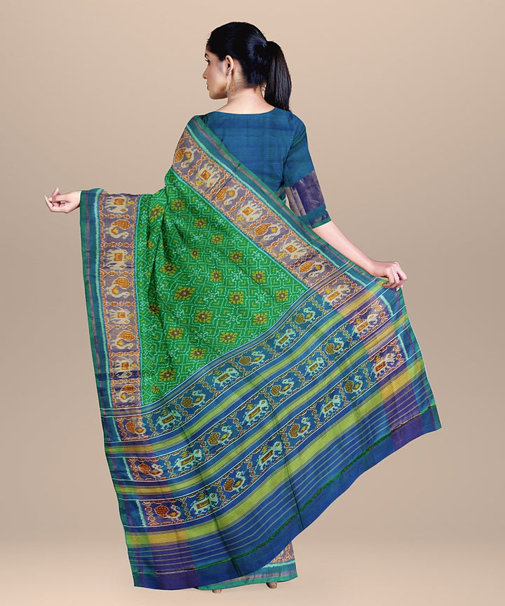 Cyan green silk handwoven patola saree